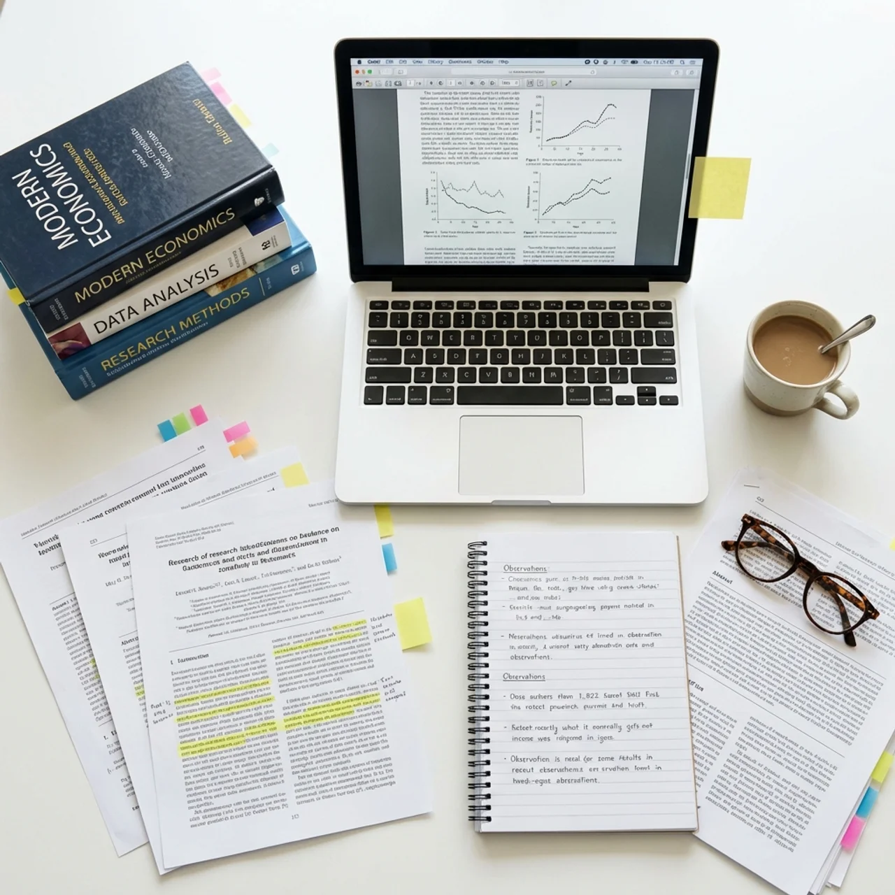 Escritorio de trabajo académico con libros, laptop y apuntes